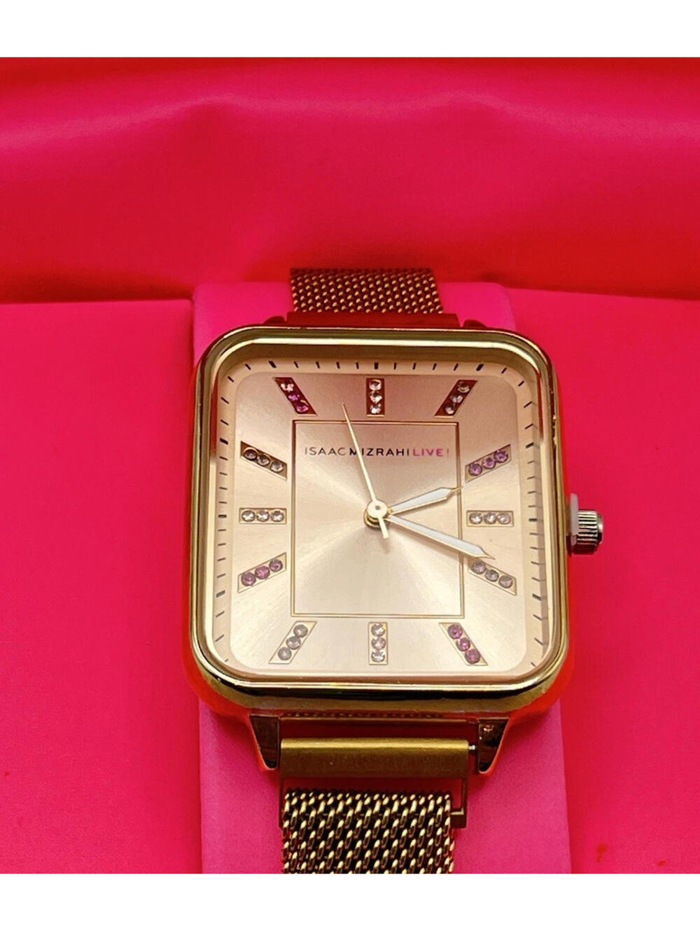 Isaac Mizrahi Live! Magnetic Mesh Watch Rose Gold rectangle face Womens Works